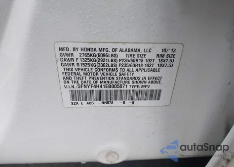 2014 Honda Pilot Ex from USA, damaged, VIN 5FNYF4H41EB005071